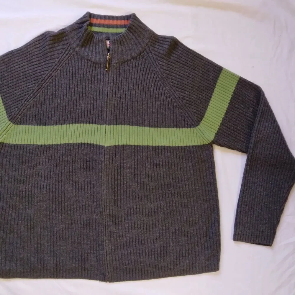 Arizona Jean Company Sweater Full Zip Gray Green Stripe Preppy Y2K Men's XL